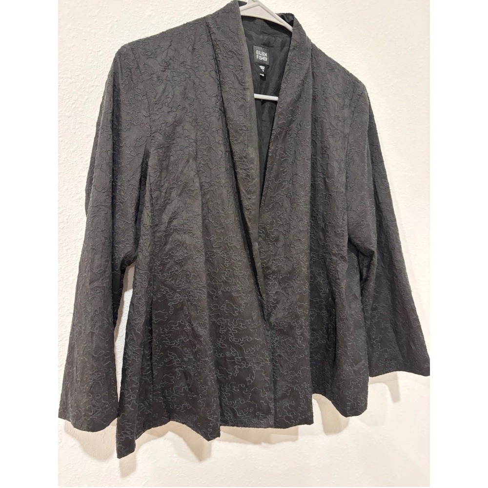 Eileen Fisher Black 100% Silk Embroidered Open Front Jacket Shawl Collar Small - Picture 5 of 12